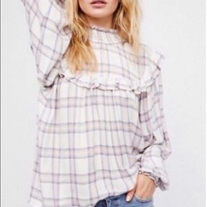 FREE PEOPLE Charlie ruffle plaid mockneck blouse